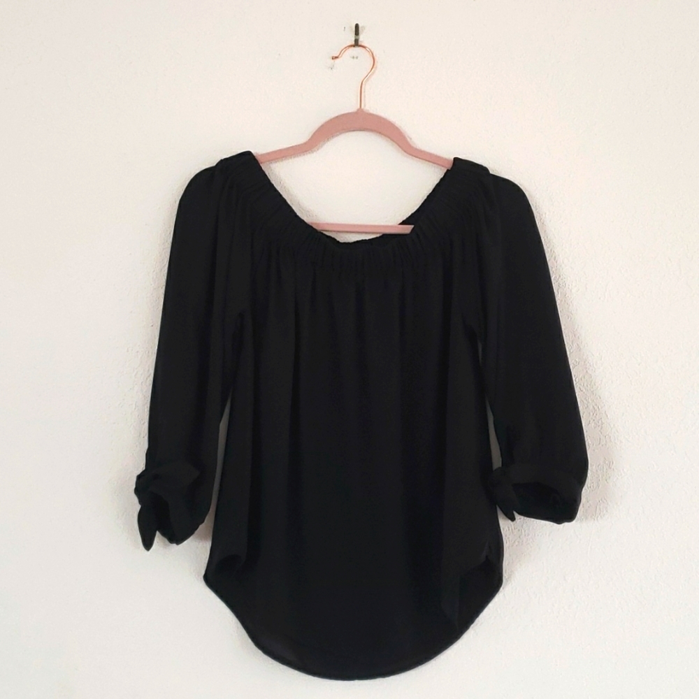 NWOT Express Black Blouse Versatile Neckline w/ Adjustable Bow Ties at Sleeves